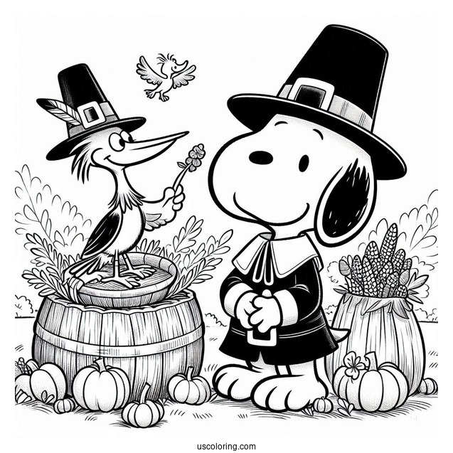 Pilgrim Coloring Page Snoopy And Woodpecker Celebrating Thanksgiving