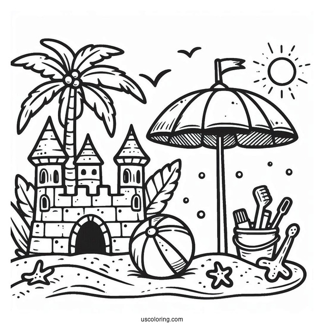 Easy Sand Castle With Umbrella And Beach Ball Coloring Sheet