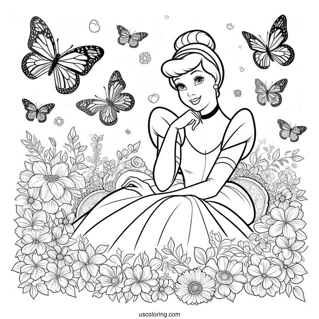 Princess Cinderella Coloring Page With Butterfly Background