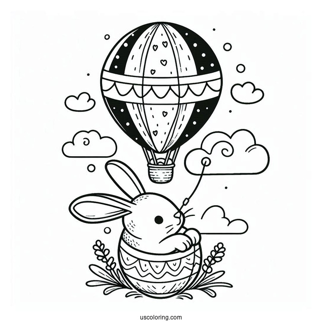 Easter Coloring Page Of Rabbit Flying In An Easter Egg Hot Air Balloon