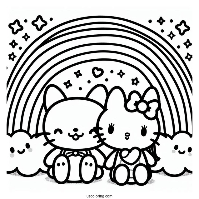 Sanrio Coloring Pages Of Friends In Front Of Rainbow