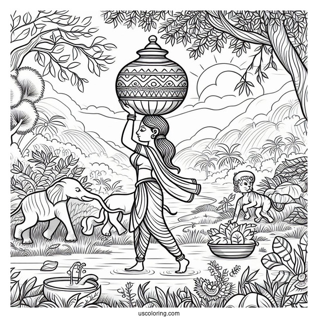 Jungle Book Coloring Page Of Shanti Carrying Clay Pot Over Her Head