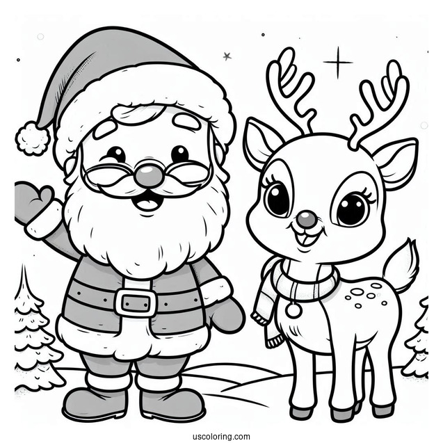 Cute Santa Waving With Rudolph Coloring Page Beside Him For Kids