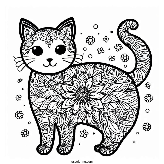 Cat-Shaped Floral Mandala Coloring Page