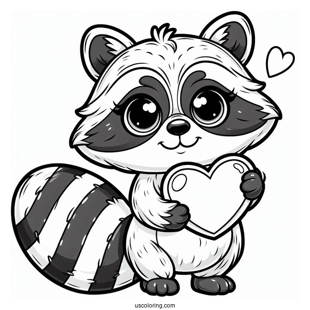 Cartoon Raccoon Coloring Page Holding A Love Heart