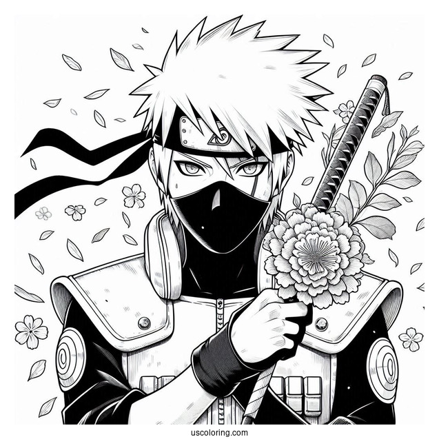 Detailed Hatake Kakashi Coloring Page Holding A Kunai
