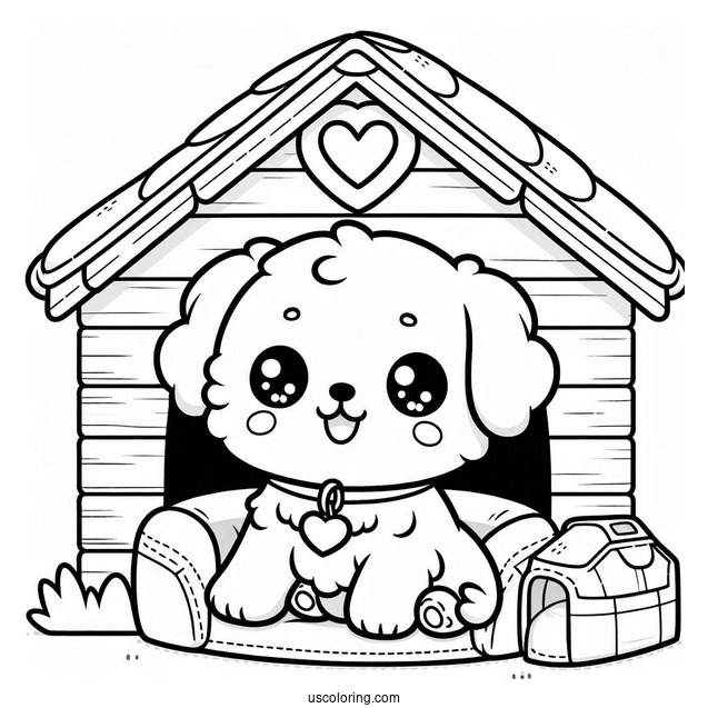 Kawaii Puppy In Dog House Coloring In For Preschoolers
