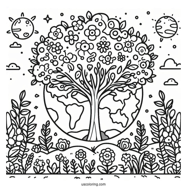 Tree And Flower Bushes Growing Around Earth Coloring Page