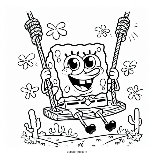 Fun SpongeBob Coloring Page Swinging From A Rope