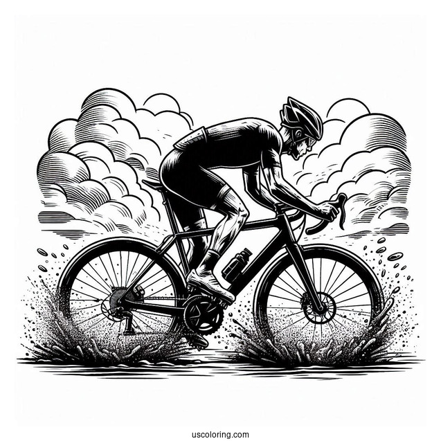 Bicycle Coloring Page Of Professional Cyclist Riding Through Mud