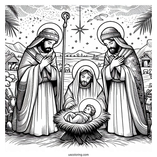Nativity Coloring Page Of Three Magis Visiting Newborn Jesus In The Manger