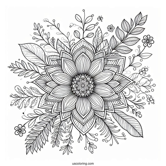 Detailed Flower Mandala With Loose Petals And Leaves Coloring Page