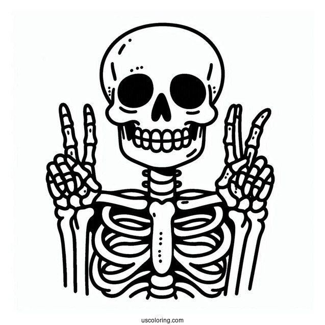 Smiling Skeleton Coloring Page Doing Peace Sign