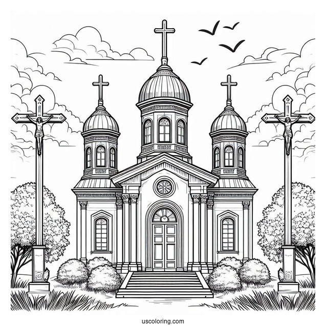 Realistic Church Coloring Page With Three Crosses At The Top