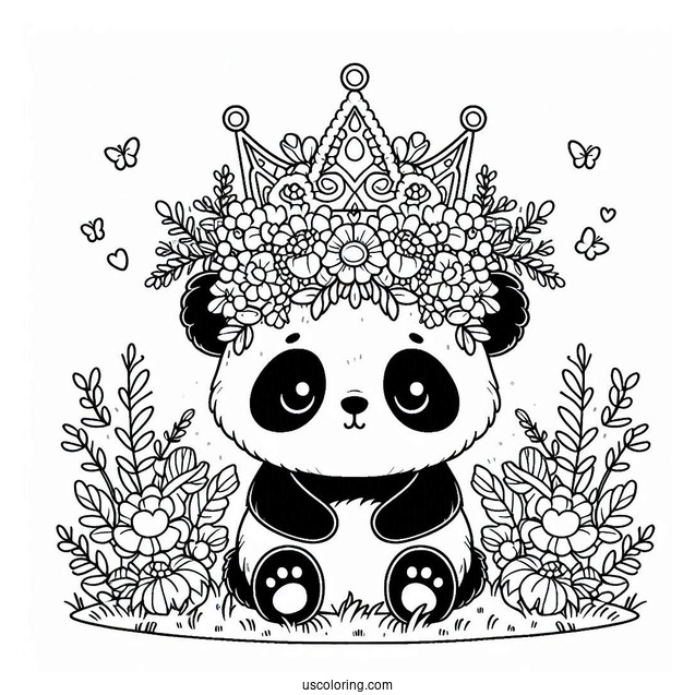 Cute Panda Coloring Page Sitting with Giant Floral Crown in a Meadow