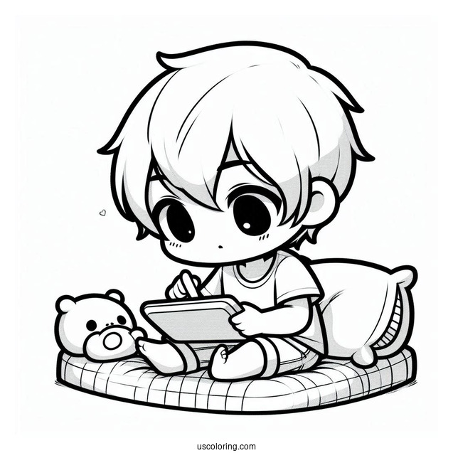 Chibi Little Boy Playing With His Tablet On His Bed