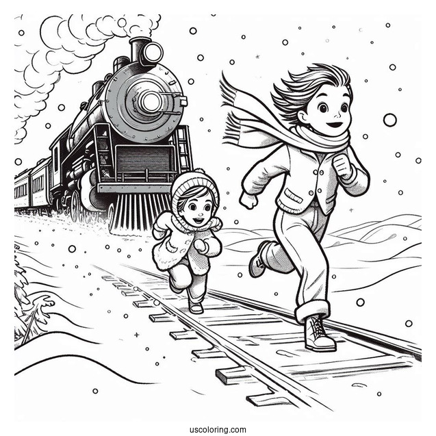 Polar Express Coloring Page Of Lonely Boy And Hero Girl Chasing Hero Boy In The Snow