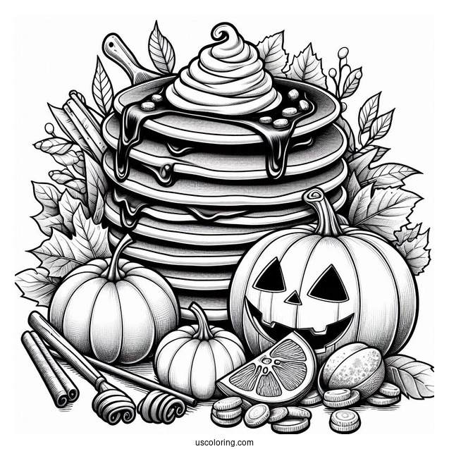 Realistic Fall Pancake Coloring Page With Jack O Lanterns