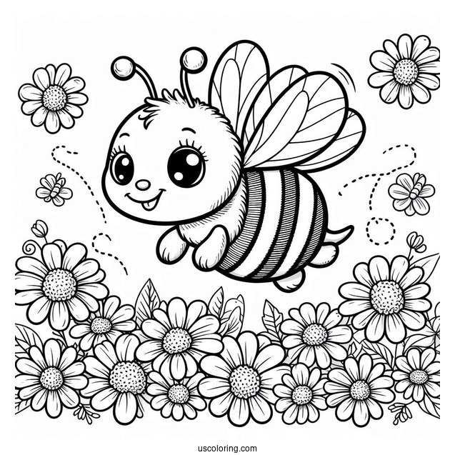 Happy Bee Coloring Page Flying Over Daisies