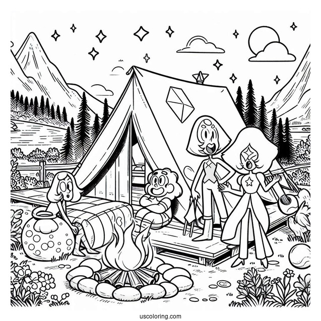 Steven Universe Coloring Page Of Glamping With Peridot, Amethyst, Pearl, Connie, Bismuth, Lapis Lazuli, Ruby, And Sapphire