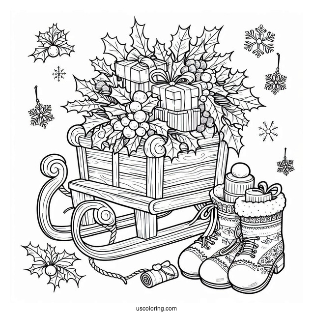 Christmas Coloring Pages For Adults Of Christmas Sled Filled With Hollies, Presents, And Mistletoes
