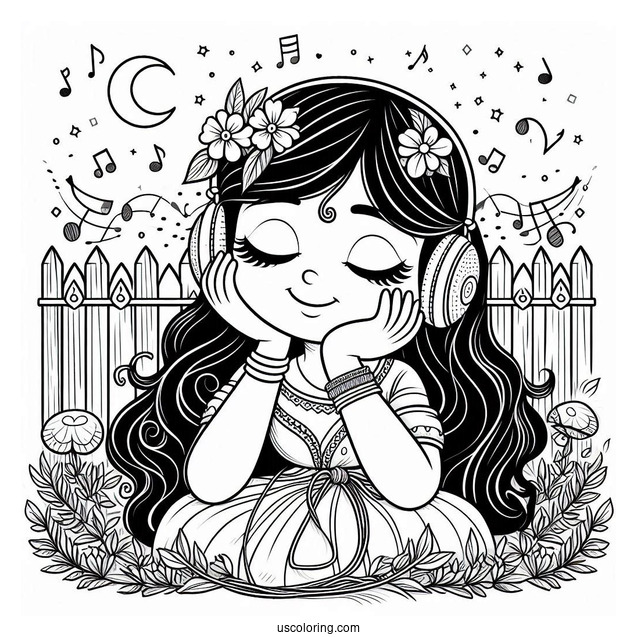 Sing Coloring Page Of Meena Daydreaming While Listening To Music