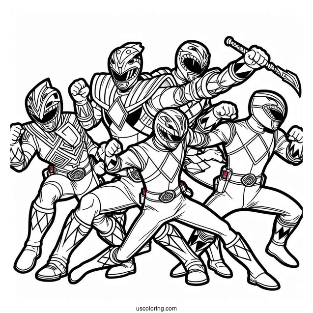 Coloring Page Of Power Rangers Fighting Together