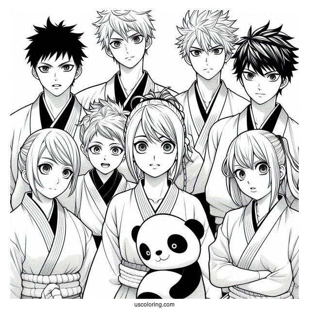Manga Coloring Page Of Jujutsu Kaisen With Yuji, Nobara, Megumi, Gojo, Sukuna, Panda, Inumaki, And Maki