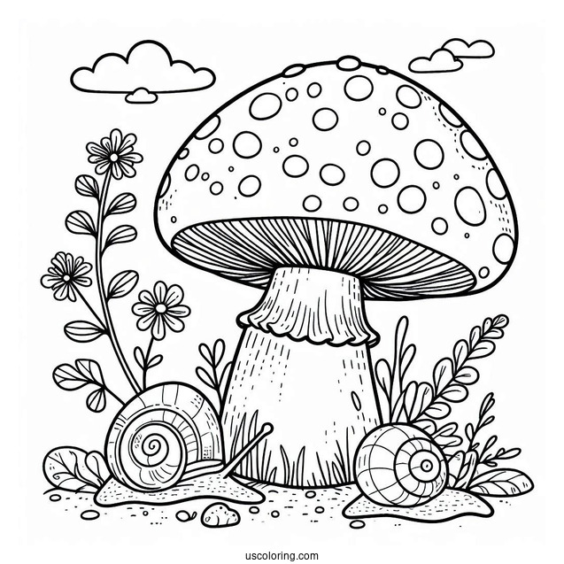 Amanita Muscaria Mushroom Coloring Page With Snail