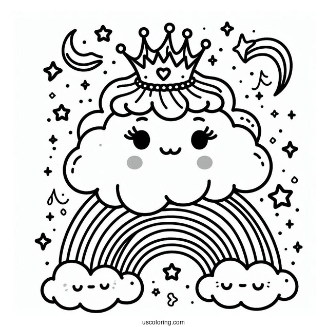 Happy Cloud Princess With Crown Coloring Page Under Rainbow and Stars