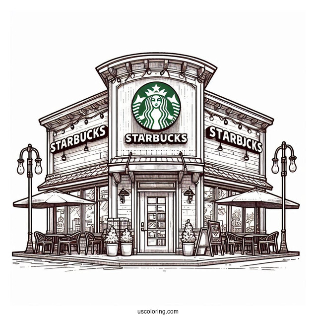 Detailed Starbucks Coloring Page Cafe Exterior