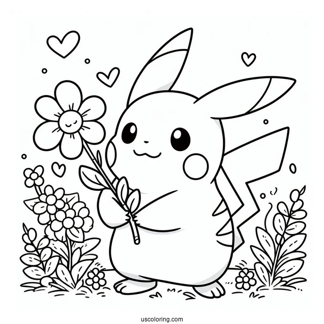 Easy PIkachu Holding A Flower In Spring Coloring Sheet For Kids