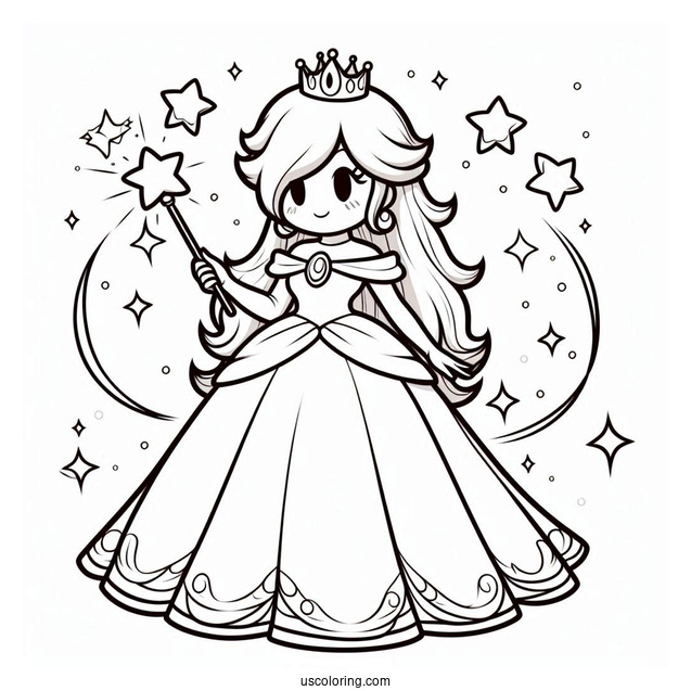 Rosalina Coloring Page Wearing Long Gown And Holding Wand With Luma