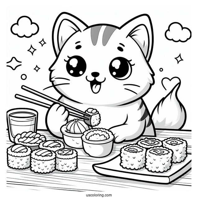 Hungry Cat Enjoying Sushi Coloring Page