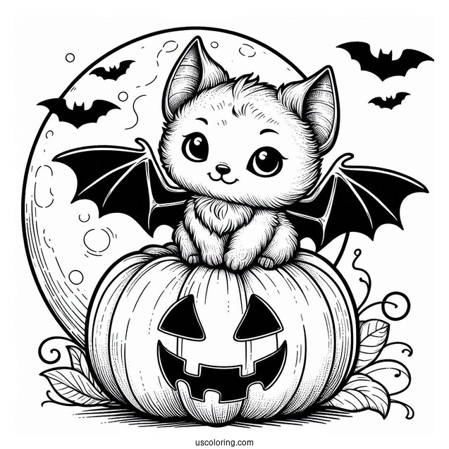 Small Bat Coloring Page Sitting On Jack O Lantern Halloween