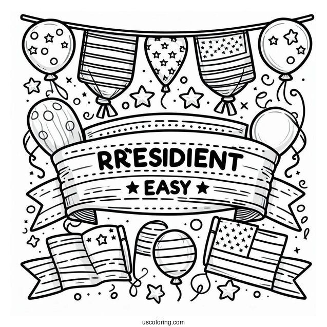 Easy Happy President s Day Banner With Stars And Balloons Coloring Sheet For Kids