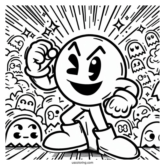 Victorious Pac-Man Coloring Page Winking With Ghosts In Background