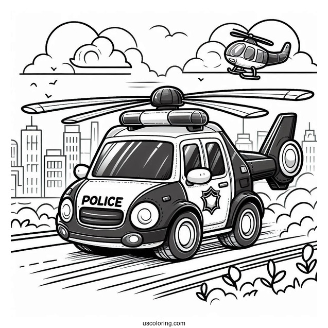 Helicopter Hovering Above A Police Car Coloring Page