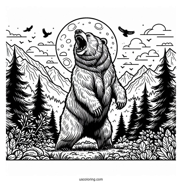 Scary Bear Coloring Page Roaring While Standing