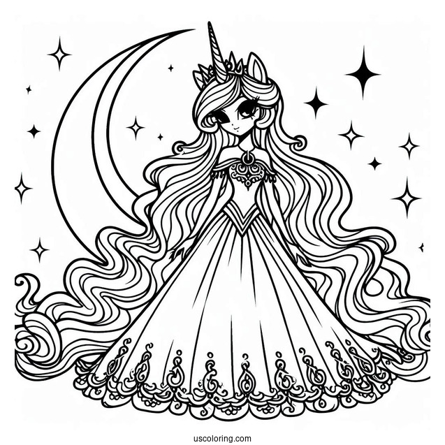 Princess Luna Coloring Page With Crescent Moon In Background