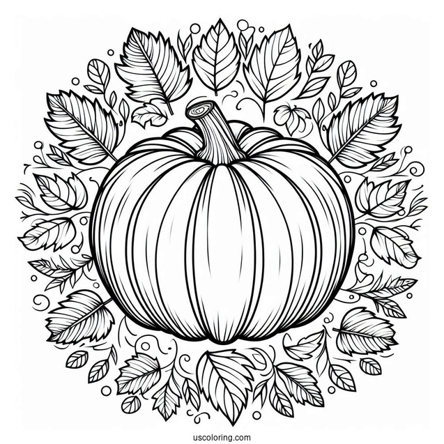 Top Of A Pumpkin Coloring Page Surrounded By Fall Leaves