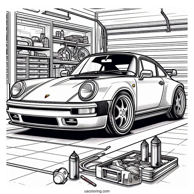 Sleek Porsche Coloring Page Parked In Garage