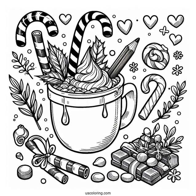 Hot Chocolate And Candy Canes To Color