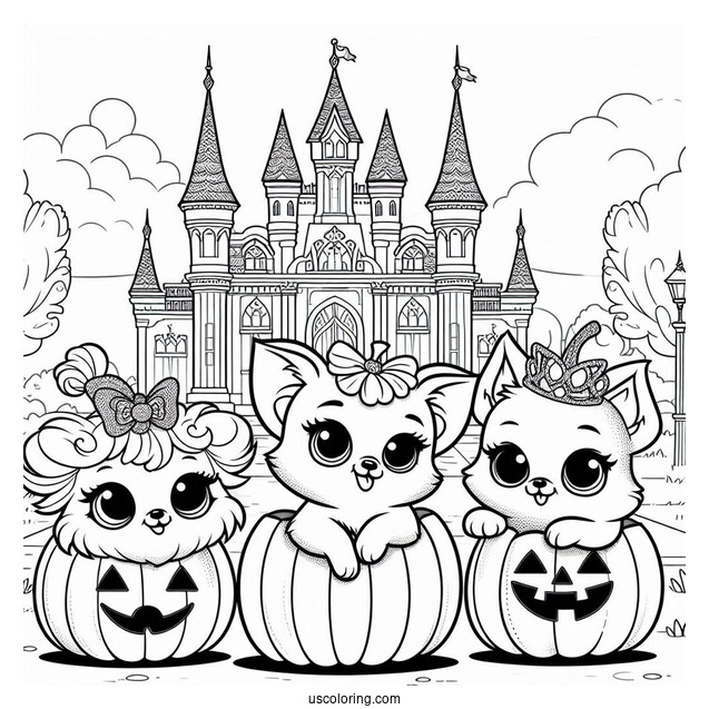 Palace Pets Coloring Page Of Treasure, Petite, Pumpkin And Ms. Featherbon In Front Of Castle