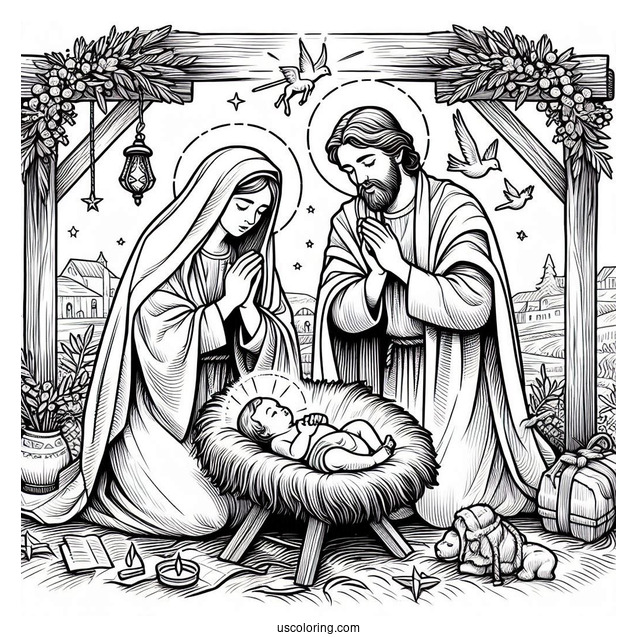 Nativity Coloring Page Of Mary And Joseph Praying Over Baby Jesus In The Manger