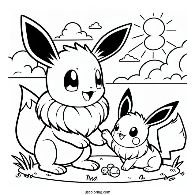 Coloring Sheet Of Eevee Playing With Pikachu