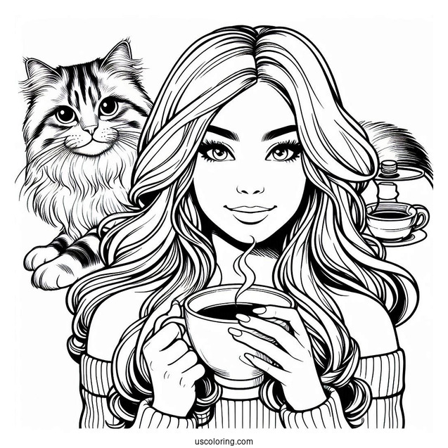 Woman Holding Cup Of Coffee Coloring Pages And Cat