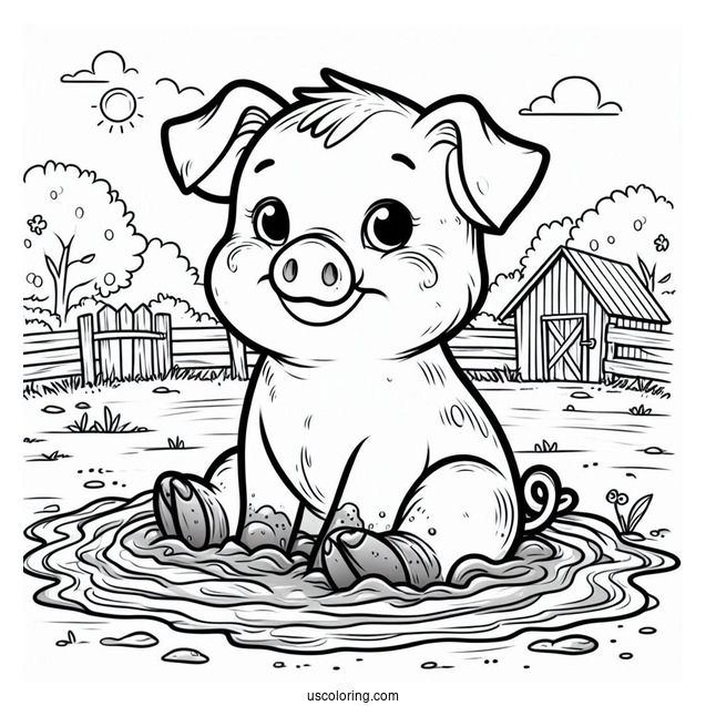 Happy Pig Sitting In Mud