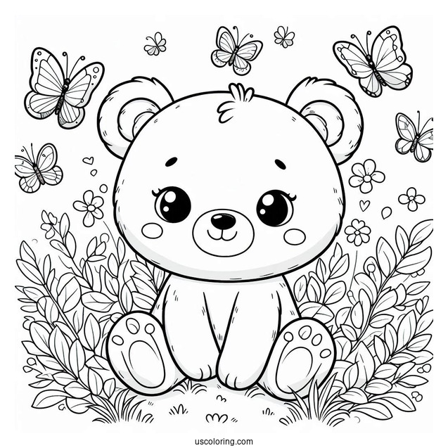 Cute Bear Coloring Page Sitting In Grass With Butterflies