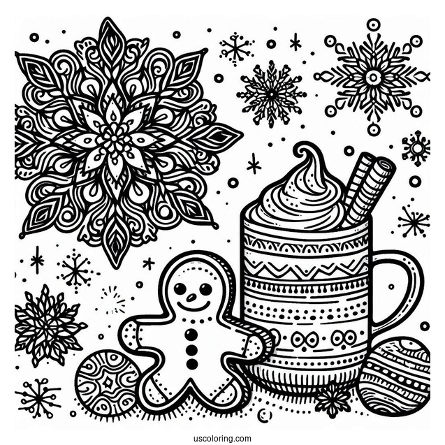 Snowflake Coloring Page With Hot Cocoa And Gingerbread Man